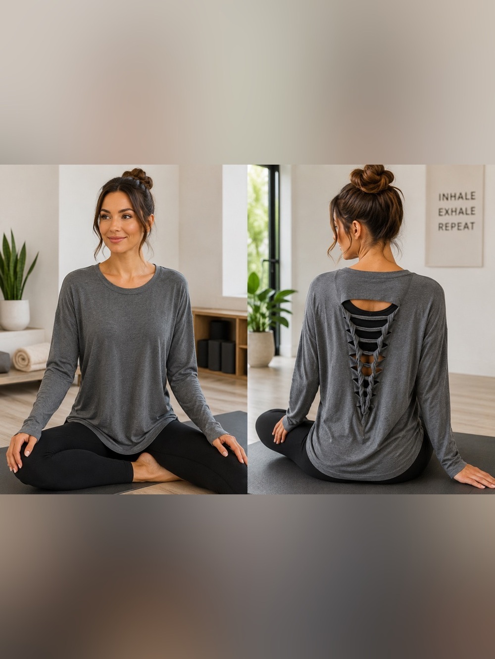 Gray Open Back Yoga Top Cutout Back Long Sleeve Athleisure One Size